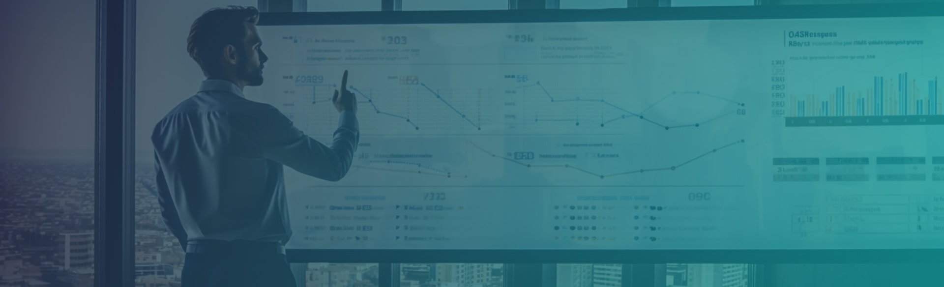 Zakenman analyseert gegevens op een groot digitaal scherm